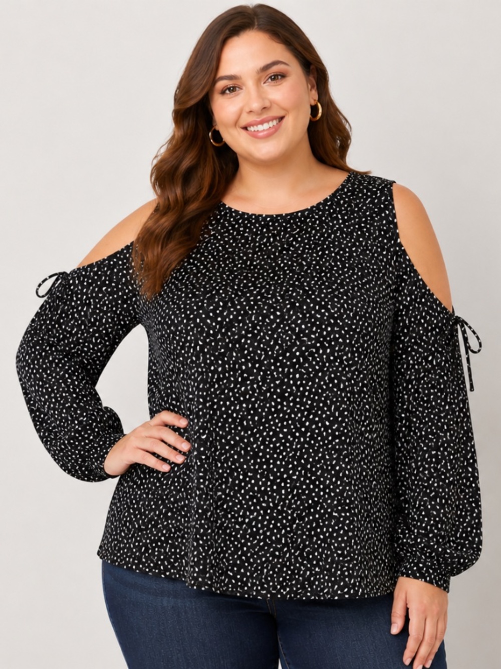 Lane Bryant Black Polka Dot Cold Shoulder Blouse Size 16 Flowy Top NEW